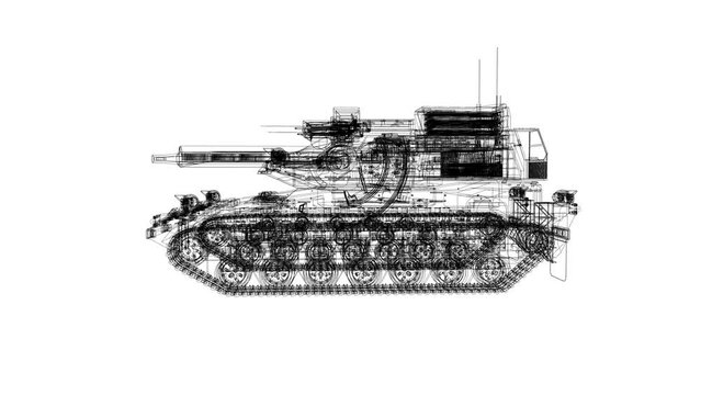 Loop rotation animation of a military tank wireframe with thin dark black lines. Tank forces futuristic hologram on white background in loops - Military Tank Rotation Animation