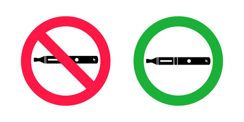 No vaping and vaping area signs. Red forbidden and green allowed circles signs icon isolated on white background vector illustration. Vape and smoke prohibition and green access circles set.