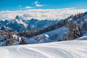 Fototapeta na wymiar Ski mountaineering in the Mount Zoncolan ski area, Carnic Alps, Friuli-Venezia Giulia, Italy