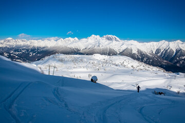 Fototapeta na wymiar Ski mountaineering in the Mount Zoncolan ski area, Carnic Alps, Friuli-Venezia Giulia, Italy