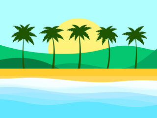 Fototapeta na wymiar Beach with palm trees, sun and green hills. Summer time. Tropical landscape in flat style. Coastline. Design for banners, posters and promotional items. Vector illustration