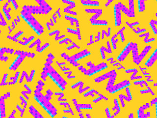 NFT token pixel art isometric text seamless pattern. NFT non-fungible token. Digital art in blockchain technology. Design for banners and promotional items. Vector illustration