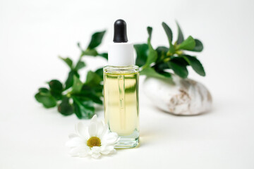 A glass bottle with cosmetics and a chamomile flower. A defocused decorative stone and a plant on a white background. The concept of organic natural cosmetics