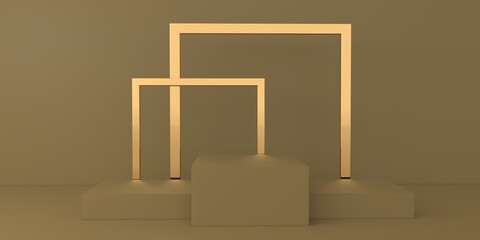 Mock up podium for product presentation, Yellow background, gold frame, 3d render, 3d illustration