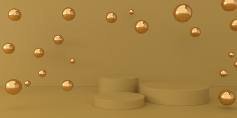 Mock up podium for product presentation, Yellow background, golden bubbles, 3d render, 3d illustration