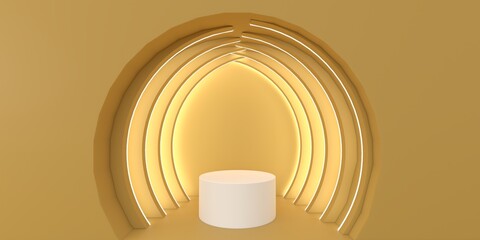 Mock up white podium for product presentation, Yellow background with lights, 3d render, 3d illustration