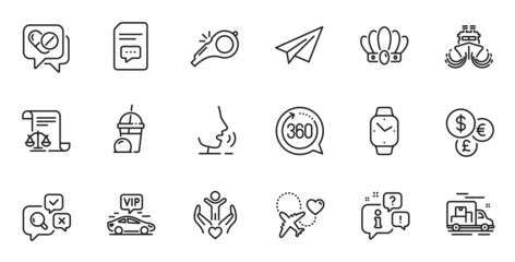 Fototapeta premium Outline set of Volunteer, Vip transfer and 360 degrees line icons for web application. Talk, information, delivery truck outline icon. Vector