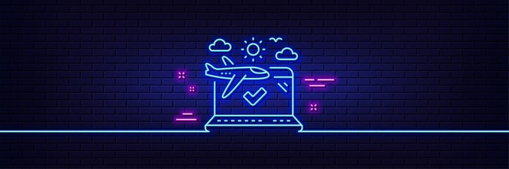 Neon light glow effect. Airplane travel line icon. Check in trip sign. Holidays flight transport symbol. 3d line neon glow icon. Brick wall banner. Airplane travel outline. Vector