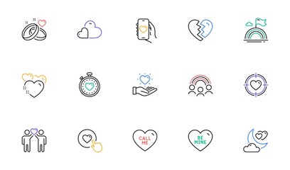 Dating app, Lgbt and Valentine target line icons for website, printing. Collection of Heart, Inclusion, Like button icons. Care, Be mine, Break up web elements. Friends couple, Call me. Vector