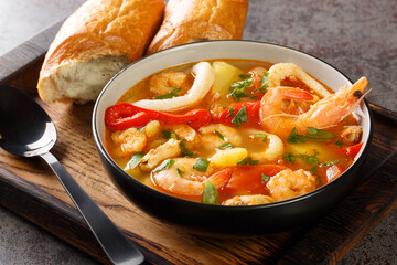 Caldeirada de frutos do mar Portuguese seafood stew with potatoes, peppers, tomatoes and onions close-up in a bowl on the table. horizontal
