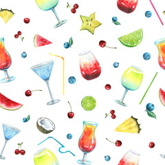 Watercolor illustration of a seamless pattern on the theme of a beach bar. Cocktails, fruits, berries, glasses, Bright, juicy print. For fabric and textiles, clothing and prints, wallpaper