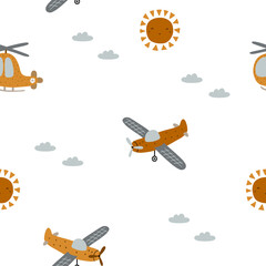 Childish seamless pattern with colorful planes, helicopters and clouds. White background.