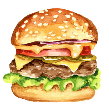 burger with meat, onion, tomatos, cheese, watercolour hand drawn illustration, isolated