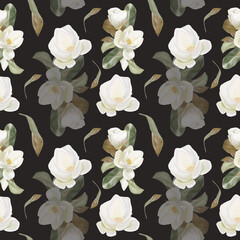 Fototapeta na wymiar Watercolor white magnolia seamless pattern on dark background, white flowers paper, fabric design