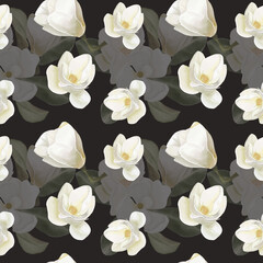 Fototapeta premium Watercolor white magnolia seamless pattern on dark background, white flowers paper, fabric design