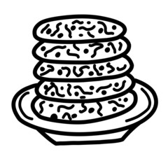 Cookies with chocolate chips.A sketch of an ink graphic illustration of an American cookie. A stack of cookies on a plate. Painting.Sweet dessert of oatmeal.