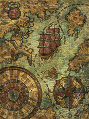 Colorful Marine Fantasy illustration of of old pirate map with sailing ship, compass and unknown land. Nautical vintage drawings, watercolor painting with ancient paper texture.