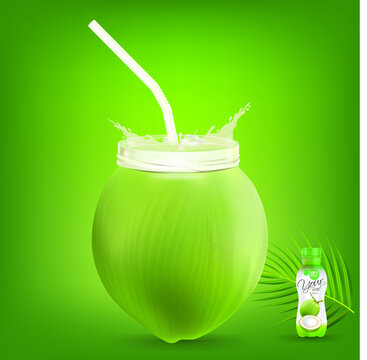 Coconut  juice bottle with splashing straw.illustration vector