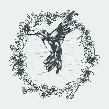 Vector illustration of a hummingbird in flight and surrounded by flowers