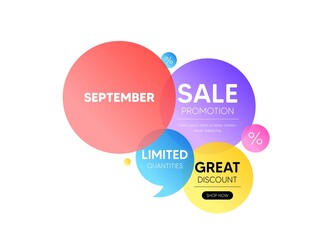 Discount offer bubble banner. September month icon. Event schedule Sep date. Meeting appointment planner. Promo coupon banner. September round tag. Quote shape element. Vector