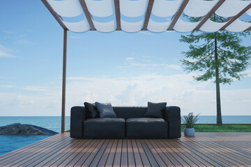 3D Rendering : Illustration soft couch at wood deck outdoor rest area. pool villa high luxury seaview. blue sea and sky summer for relax with family. happy time. sun deck of resort. chill out summer.