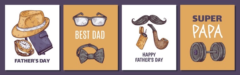 Fathers day posters set with hand drawn sketch elements - dumbbell, bow tie and smoking pipe, vector illustration.