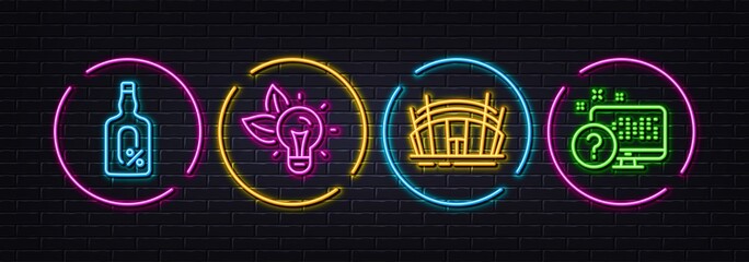 Arena stadium, Alcohol free and Eco energy minimal line icons. Neon laser 3d lights. Online quiz icons. For web, application, printing. Sport complex, Alcohol not allowed, Lightbulb. Vector