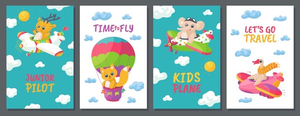 Fototapeta na wymiar Cute cartoon animal travel on planes - set of flat vector posters.