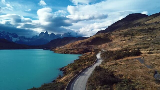 Beautiful aerial panorama of Torres del Paine Park in Chile