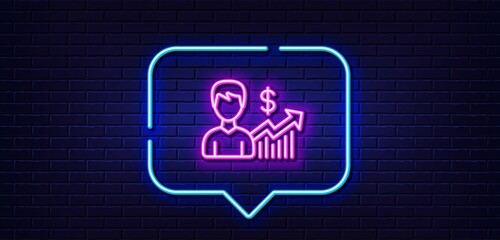 Neon light speech bubble. Business results line icon. Dollar with Growth chart sign. Neon light background. Business growth glow line. Brick wall banner. Vector