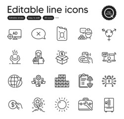 Set of Business outline icons. Contains icons as Genders, Refrigerator and Payment elements. Build, Canister oil, Security lock web signs. Seo adblock, Tool case, Reject elements. Vector