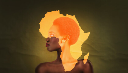 an africa symbol image on the beautiful african face of a young woman. Vogue style close-up portrait of beautiful african girl - panorama - obrazy, fototapety, plakaty
