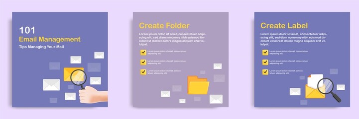 3D cartoon style. Social media informative email organizer tips post banner template layout design. Hand holding magnifier searching mail on a folder.