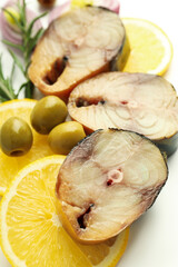 Concept of tasty food with smoked mackerel, close up