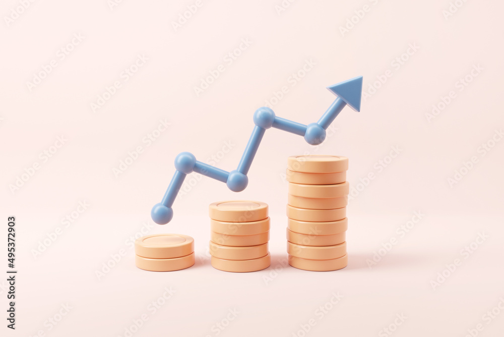 Wall mural graph up arrow on coin stacks. financial success and growth concept. 3d render.