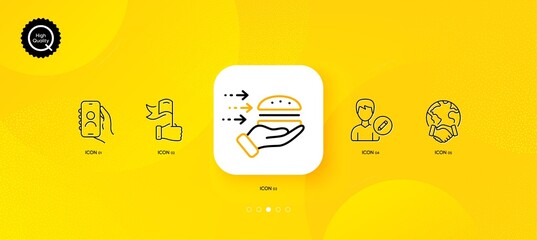 Fototapeta na wymiar User call, Global business and Food delivery minimal line icons. Yellow abstract background. Leadership, Edit person icons. For web, application, printing. Vector