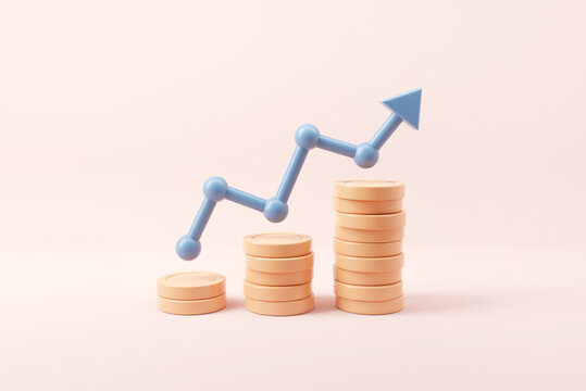 Graph up arrow on coin stacks. Financial success and growth concept. 3d render.