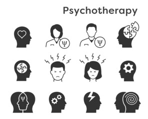 Psychotherapy icons, such as mental, brain, emotion, doctor and more. Vector illustration.