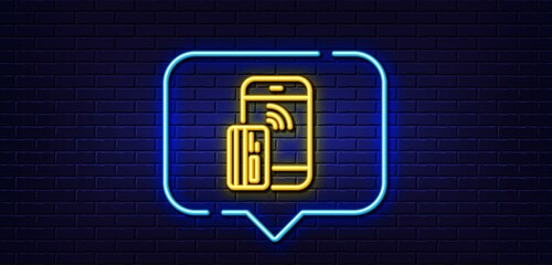 Neon light speech bubble. Contactless payment card line icon. Phone money sign. Mobile device symbol. Neon light background. Contactless payment glow line. Brick wall banner. Vector