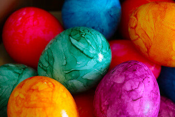 Close-up of colored eggs, preparations for Easter.