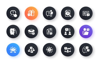 Questions icons. Artificial Intelligence computer, phone with Question mark, Problem solve. Quiz, faq guide, job interview icons. Ask person, question chat bubble. Circle web buttons. Vector