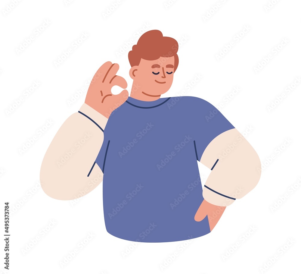 Poster satisfied confident person gesturing ok with hand. happy calm man with okay, all right sign, approvi