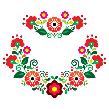 Mexican traditional folk art style vector floral wreath pattern set, design collection with red, pink and orange flowers inspired by traditional embroidery from Mexico
 