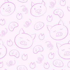 Seamless background with pigs, hooves and tails. Cute pattern with cartoon muzzles of piglets on a pink background. Vector.