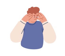 Sad depressed person grabbing head after fail. Upset disappointed troubled man with confused frustrated face expression. Disappointment emotion. Flat vector illustration isolated on white background
