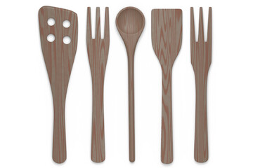 Wooden kitchen utensils, tools and equipment on white background.