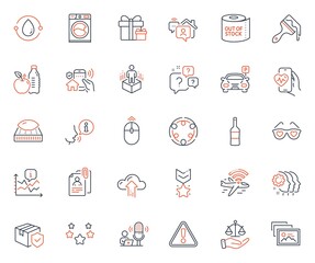 Business icons set. Included icon as Healthy food, Inclusion and Wine web elements. Washing machine, Love glasses, Cold-pressed oil icons. Swipe up, Cardio training, Warning web signs. Vector