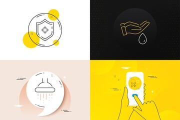 Minimal set of Honeymoon travel, Shower and Wash hands line icons. Phone screen, Quote banners. Medical shield icons. For web development. Love trip, Bathroom, Skin care. Medicine protection. Vector