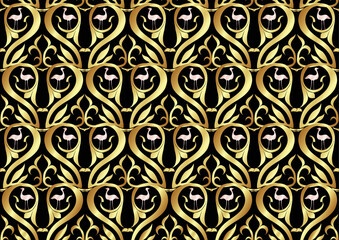Interlacing abstract ornament in the medieval, romanesque style. Seamless pattern, background in gold and black. Vector illustration.