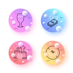 No cash, 5g internet and Beer glass minimal line icons. 3d spheres or balls buttons. Cashback icons. For web, application, printing. Tax free, Wireless technology, Brewery beverage. Vector